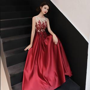 ロングドレス 演奏会 パーティードレス 赤 レース 刺繍ドレス 結婚式