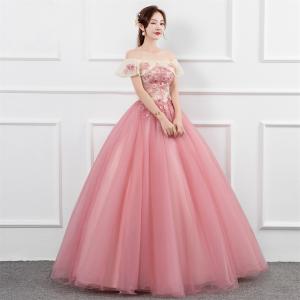 カラードレス 編み上げ ピンク ビスチェ フラワー ロングドレス 結婚式