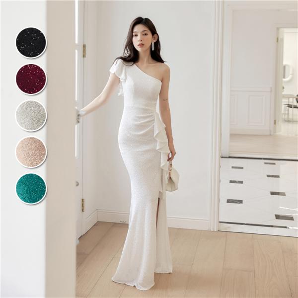 カラードレス マーメイドドレス スパンコール ワンショルダー スリット ロングドレス 結婚式 二次会...