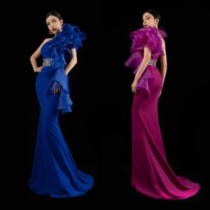 カラードレス ロングドレス マーメイドドレス ブルー ワンショルダー