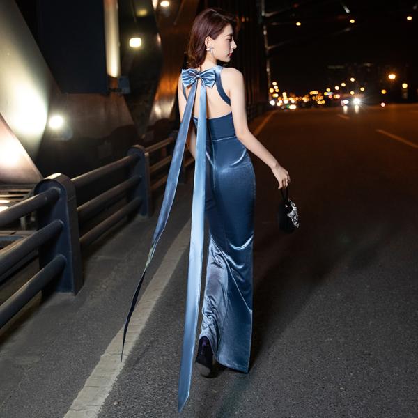 カラードレス ベルベット ブルー バックリボン マーメイドドレス ロングドレス イブニングドレス バ...