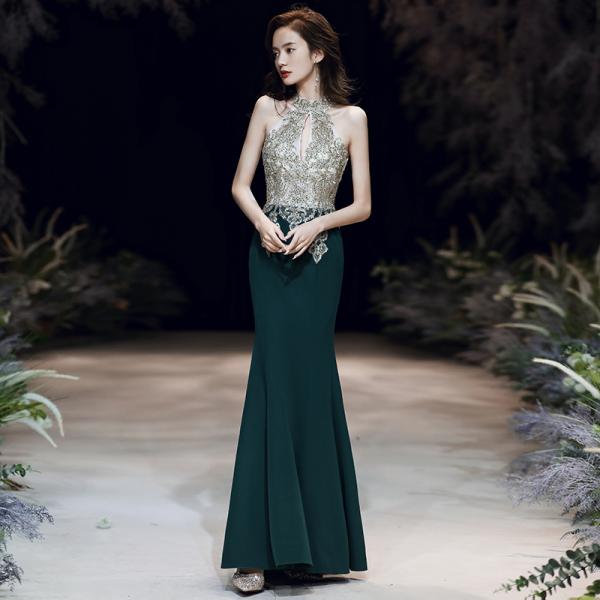 カラードレス グリーン シャンパン ホルターネック マーメイドドレス ロングドレス フォーマル ファ...