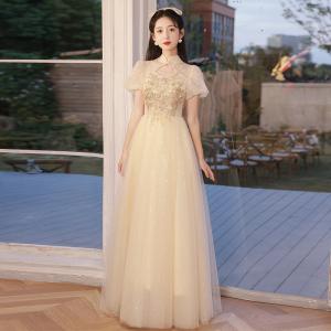 カラードレス ロングドレス シャンパン 半袖 Aラインドレス 結婚式