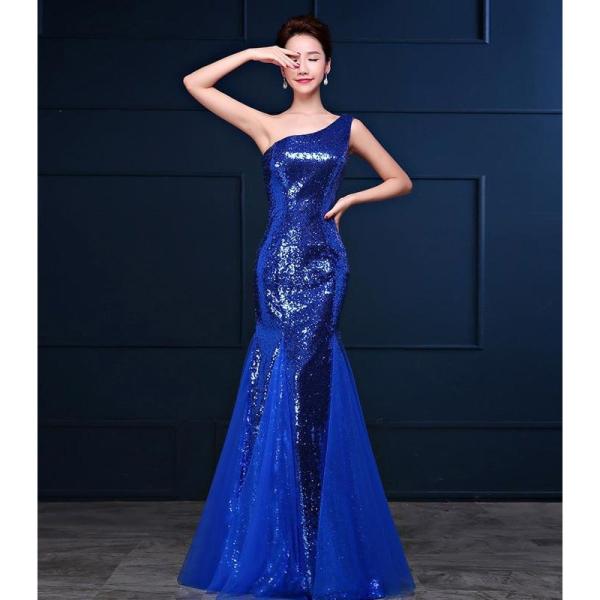 カラードレス ロングドレス マーメイドドレス ブルー ワンショルダー 演奏会 発表会 フォーマル 舞...