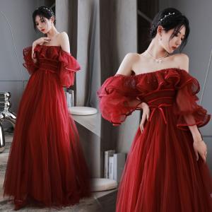 カラードレス パーティードレス Aライン 赤 レッド 半袖 リーフ 花柄