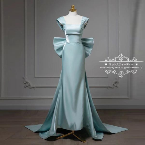 カラードレス ファスナー パーティードレス ウェディングドレス ロングドレス ブルー 水色 光沢サテ...