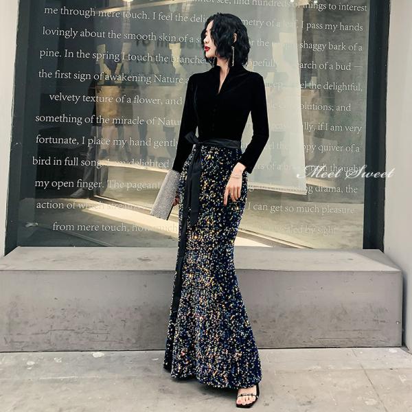 カラードレス ファスナー 長袖 ブラック パーティードレス フォーマル ロングドレス 結婚式 二次会...