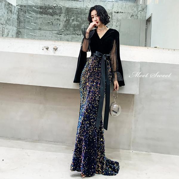 カラードレス ファスナー 長袖 ブラック パーティードレス フォーマル ロングドレス 結婚式 二次会...