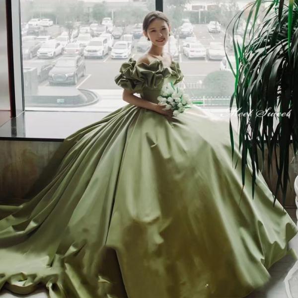 カラードレス グリーン 緑 オフショルダー 前撮り 披露宴 ロングドレス 結婚式 二次会 発表会 演...