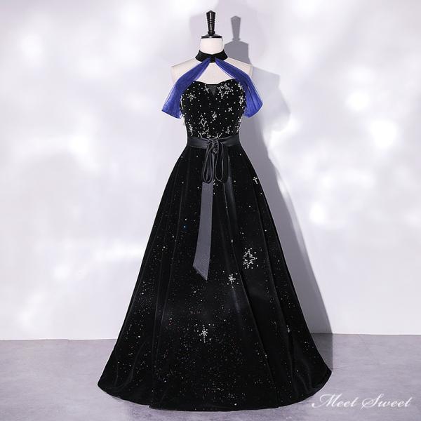 カラードレス ベルベット 星柄 ブラック ホルターネック ロングドレス 結婚式 二次会 発表会 演奏...
