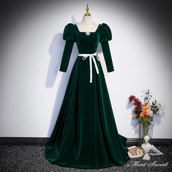 カラードレス グリーン ベルベット 編み上げ 緑 ロングドレス 結婚式 二次会 発表会 演奏会 ウェ...