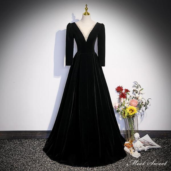 カラードレス ブラック ベルベット 編み上げ 黒 ロングドレス 結婚式 二次会 発表会 演奏会 ウェ...
