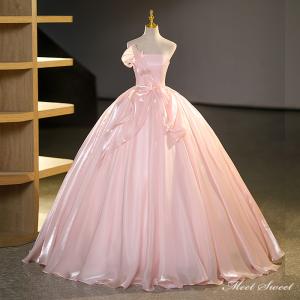 カラードレス 編み上げ ピンク リボン 袖なし ロングドレス 結婚式