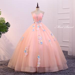 カラードレス 花柄 ピンク ビスチェ 袖なし ロングドレス 結婚式 二次会 発表会 演奏会 ウェディングドレス ウエディングドレス 花嫁 前撮り プリンセスドレス