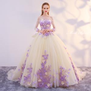 カラードレス 編み上げ ピンク 花柄 ビスチェ ロングドレス 結婚式