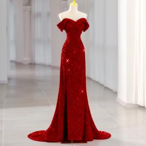 カラードレス マーメイドドレス スパンコール ワンショルダー スリット