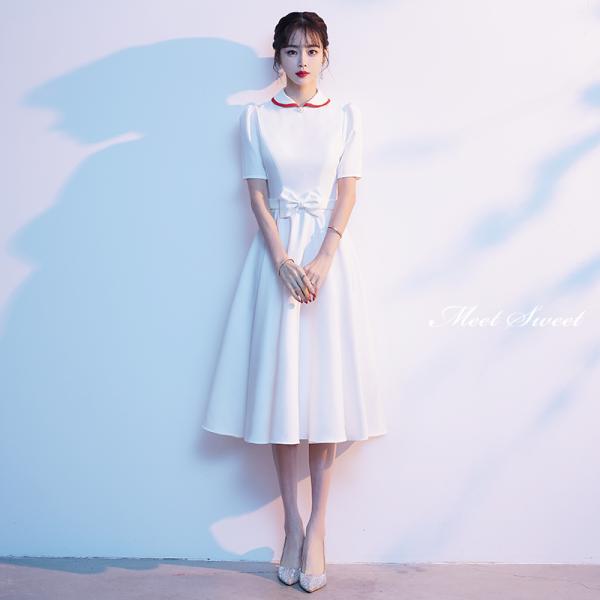 カラードレス ミディアムドレス ホワイト 白 半袖 演奏会 発表会 コンクール 舞台 コーラス オー...