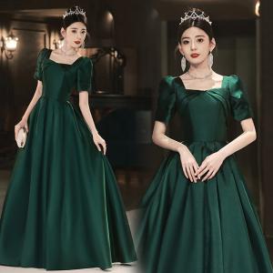 カラードレス Aラインドレス ロングドレス グリーン サテン 半袖