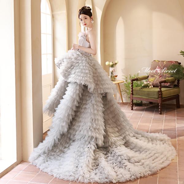 カラードレス プリンセスライン グレー ベアトップ フリル ロングドレス ウェディングドレス ウエデ...