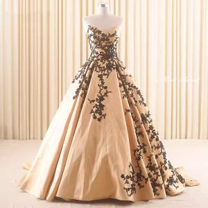 カラードレス プリンセスライン ゴールド ビスチェ 編み上げ 花柄 ロングドレス ウェディングドレス 結婚式 二次会 花嫁 前撮り 演奏会 発表会 ステージ衣装