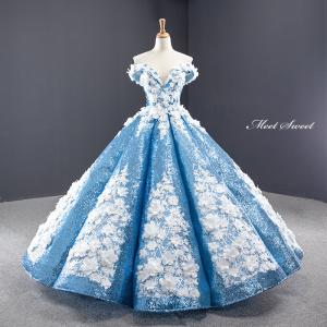 カラードレス プリンセスライン ブルー オフショルダー ゴージャス ロングドレス ウェディングドレス 結婚式 二次会 花嫁 前撮り 演奏会 発表会 ステージ衣装