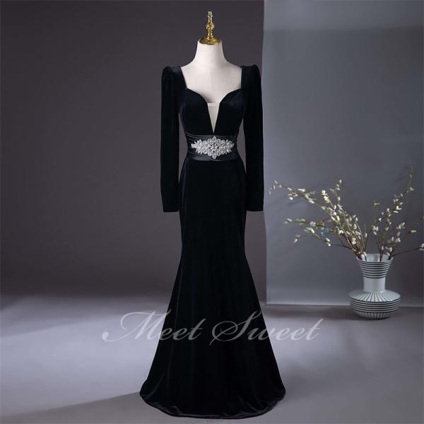 カラードレス マーメイドライン ブラック 長袖 ベルベット 黒 ロングドレス ウェディングドレス ウ...