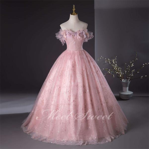 カラードレス プリンセスライン ピンク オフショルダー キラキラ ロングドレス ウェディングドレス ...