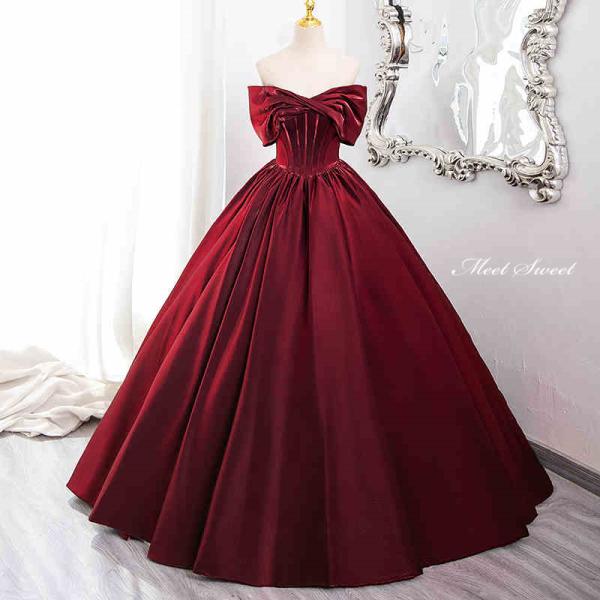 カラードレス ワインレッド オフショルダー サテン ステージドレス ウェディングドレス ロングドレス...