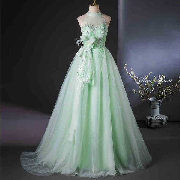 カラードレス ライトグリーン ホルターネック ノースリーブ ウェディングドレス 二次会 演奏会 発表...