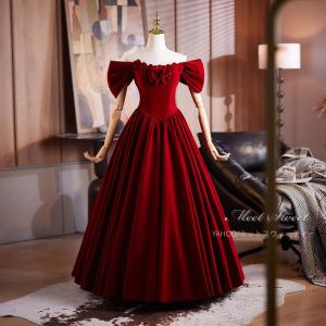 演奏会ドレス レッド 赤 ベルベット オフショルダー 袖あり カラーロングドレス ステージドレス ロングドレス ステージ衣装 演奏会 発表会 大人 高校生｜ミットスウィーティー