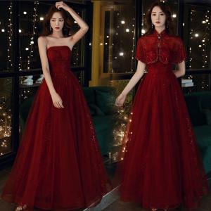 カラードレス Aラインドレス 袖なし ワインレッド 赤 編み上げ ロング