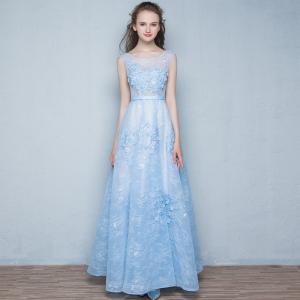 Aラインドレス ロング カラードレス 安い ライトブルー 光沢