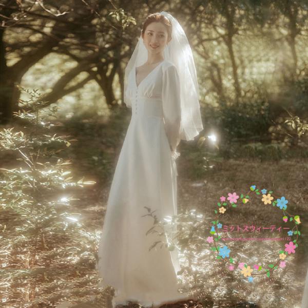 ウェディングドレス Aライン 長袖 Vネック ロングドレス 結婚式 披露宴 二次会 前撮り パーティ...
