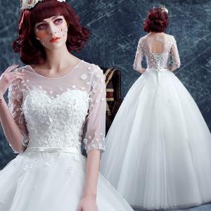 ウエディングドレス 長袖 二次会 ウェディングドレス エンパイア 秋冬 安い 結婚式 プリンセス 花嫁 披露宴 ロングドレス ブライダル 白 サッシュベルト