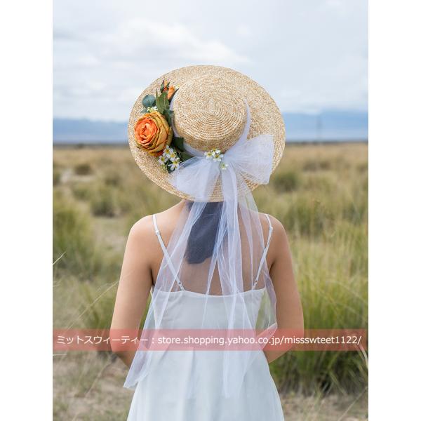 ハット 麦わら帽子 ウェディングハット つば広 ウエディングハット レディース ブライダル 花嫁 二...