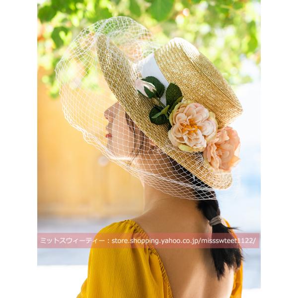 ハット 麦わら帽子 ウェディングハット つば広 ウエディングハット レディース ブライダル 花嫁 前...