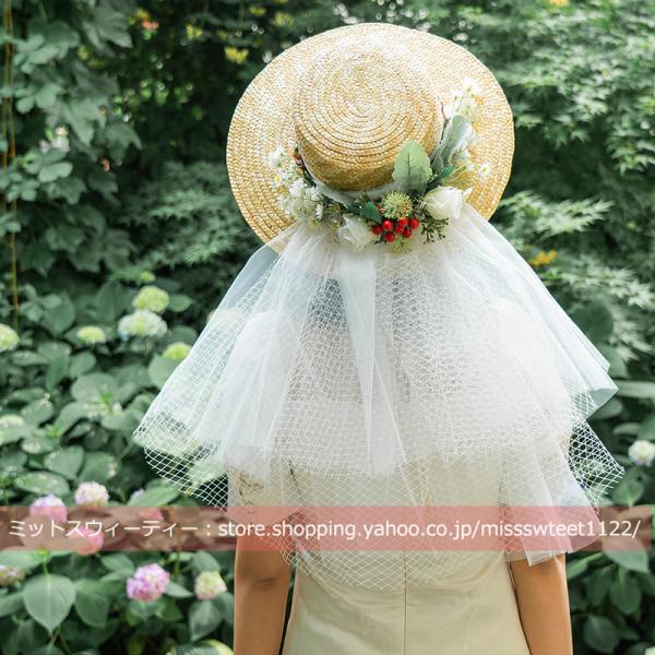 ストローハット 帽子＋花かんむり＋ベール 麦わら帽子 ウェディングハット つば広 ウエディング レデ...
