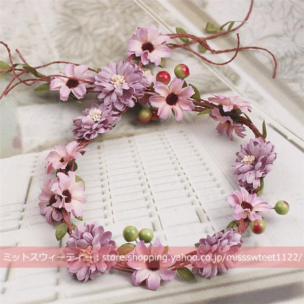 花冠 パープル ウエディング ヘッドドレス 花かんむり 造花 髪飾り ブライダル リゾート 花嫁 二...