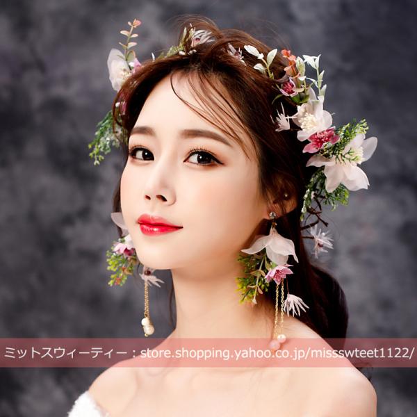 花冠 ウェディング 花かんむり＋イヤリング 花輪 大人花冠 造花 ヘッドドレス 髪飾り 花嫁 二次会...