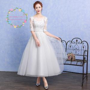 ウェディングドレス ミモレ丈 カラードレス 白 オフショルダー チュールスカート 花嫁 二次会 結婚式 コンサート 演奏会 ワンピース 格安 お呼ばれ フォーマル ウェディングドレス ミモレ丈 カラードレス 白 オフショルダー