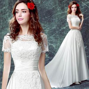 半袖 Aラインドレス ウェティグドレス パーティードレス ロングドレス 結婚式 二次会 海外挙式 花嫁 安い 大きいサイズ 発表会 おしゃれ 前撮り 披露宴 トレーン ウェディングドレス 2way パーティードレス ロングドレス ウェティグ