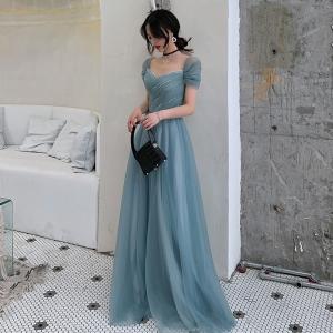 Aラインドレス パーティードレス カラードレス カクテルドレス 発表会 演奏会 ロングドレス フォーマルドレス イブニングドレス 青 ブルー 半袖 ファッション｜ミットスウィーティー