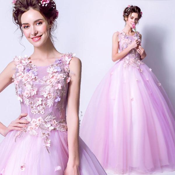 カラードレス 演奏会 花嫁 パーティードレス プリンセス 二次会 ウエディングドレス 披露宴 パープ...