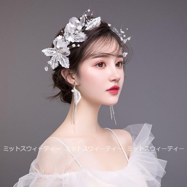 ヘッドドレス＋イヤリング フラワー ヘアコサージュ ホワイト 結婚式 ウェディング 二次会 パーティ...