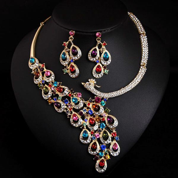 3色 パーティー ウェディング ネックレス ピアスセット マクジャク カラフル クリスタルAB ウエ...