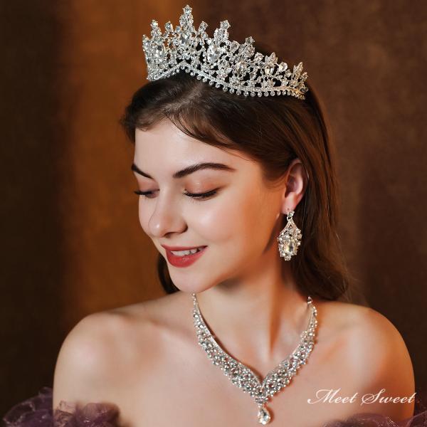 ウェディングヘッドドレス ティアラ ピアス ネックレス 王冠 結婚式 前撮り 二次会 発表会 演奏会...