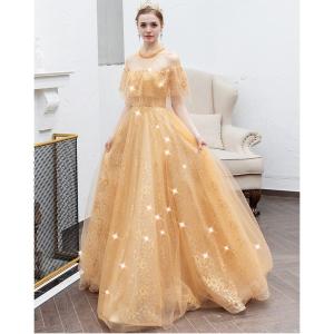 カラードレス Aラインドレス スパンコール シャンパンゴールド ロング