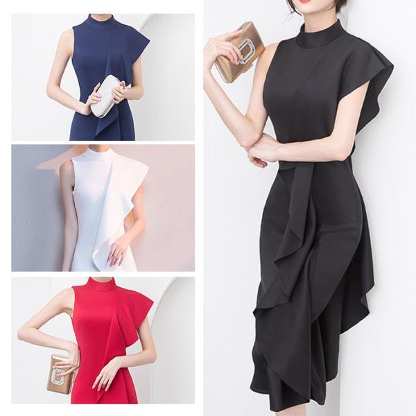 パーティードレス ワンピース アシンメトリー フリル ハイネック ノースリーブ タイトドレス ミディ...