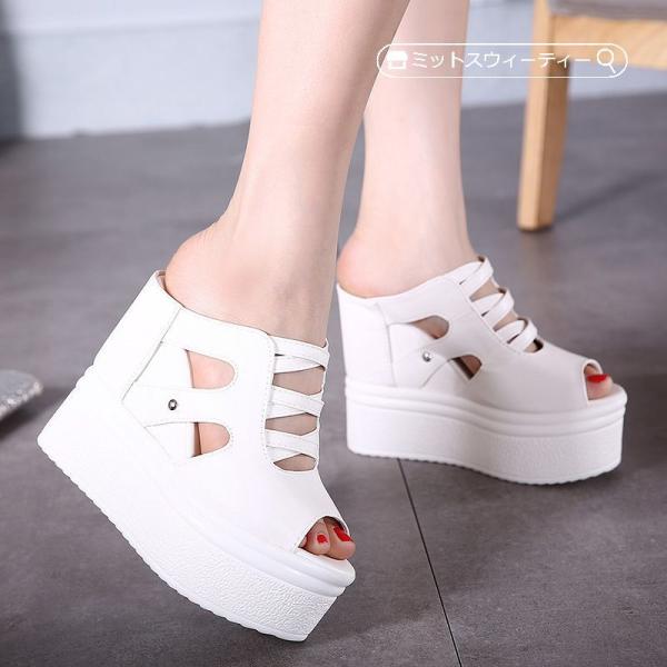 13cmヒール 厚底サンダル ミュール サンダル ホワイト ブラック レディース ウェッジソール ブ...