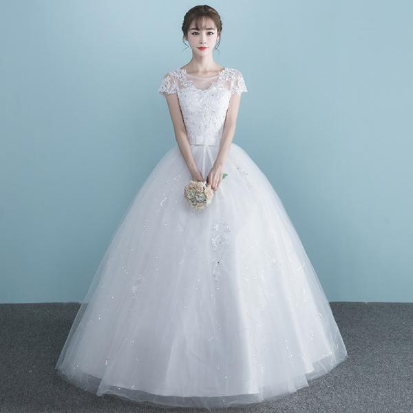 ウェディングドレス 半袖/5分袖 二次会 結婚式 披露宴 ブライダル ロングドレス レース 花嫁 ウ...